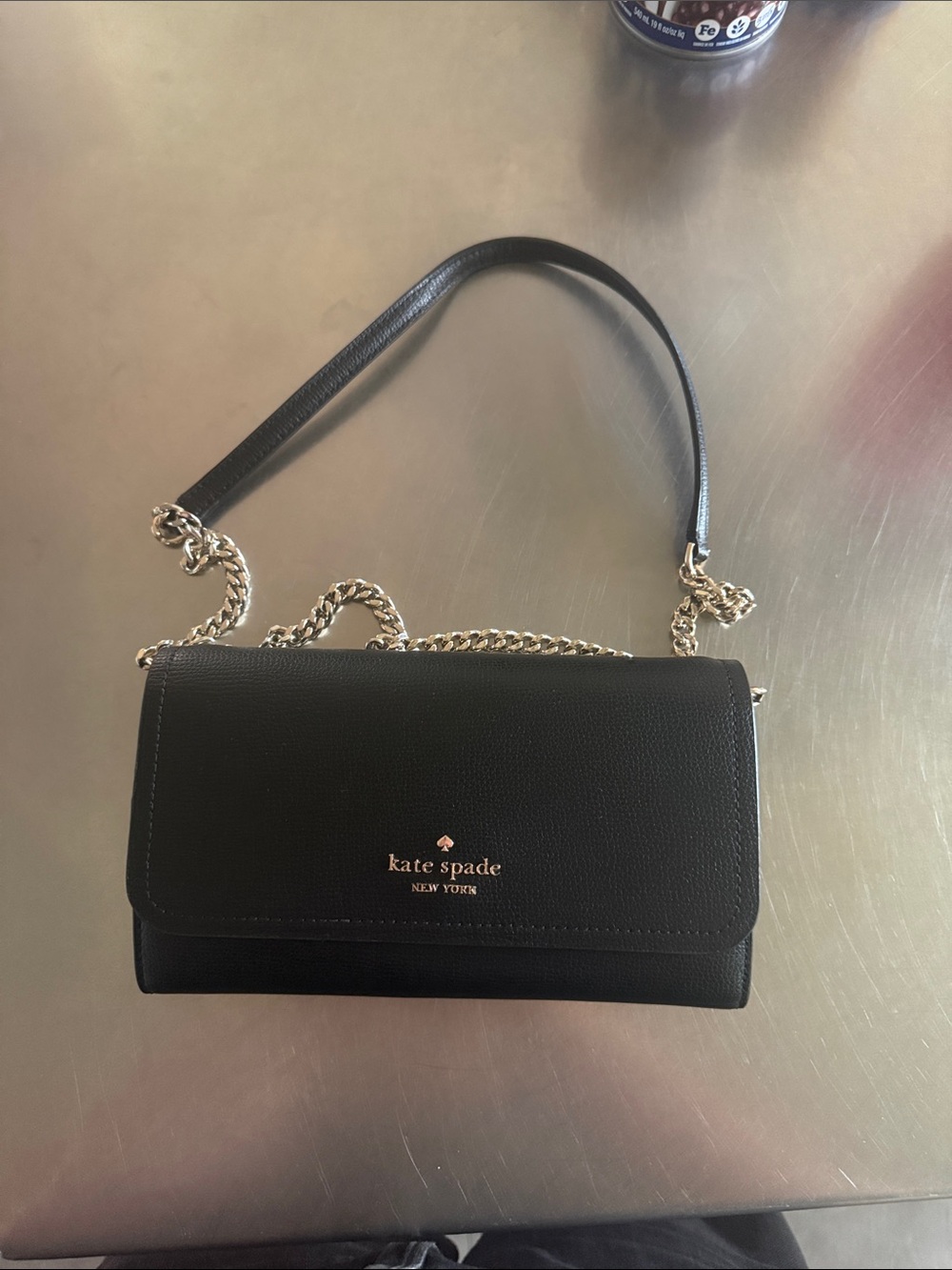 kate spade Black Leather Crossbody with Gold Chain